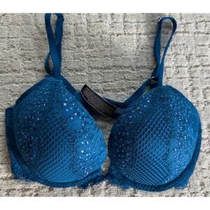 Victoria's Secret Blue Fishnet Bombshell Plunge Bra 32C Push up